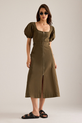 By Anthropologie Puff-Sleeve Zip-Front Denim Midi Dress