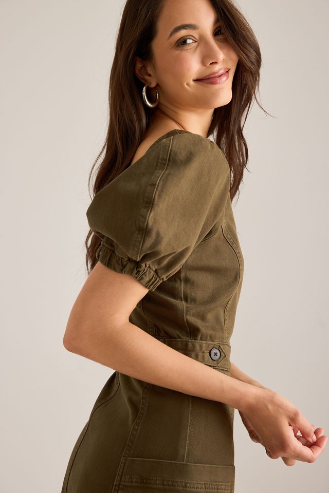 Robe midi en denim à manches bouffantes et fermeture éclair By Anthropologie #1