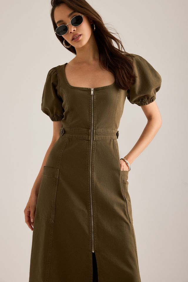 Robe midi en denim à manches bouffantes et fermeture éclair By Anthropologie #5