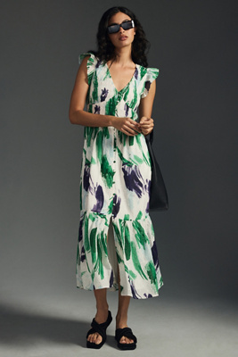 anthropologie green tiger dress Oversized Plisse Shirt Dress in Green Tiger Tales Print -Lala Original 3XL main image 1