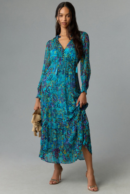 By Anthropologie The Marais Printed Chiffon Maxi Dress In Blue | ModeSens