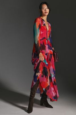 By Anthropologie The Marais Printed Chiffon Maxi Dress In Pink | ModeSens