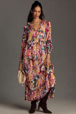 By Anthropologie The Marais Printed Chiffon Maxi Dress In Pink