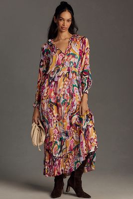 By Anthropologie The Marais Printed Chiffon Maxi Dress In Pink