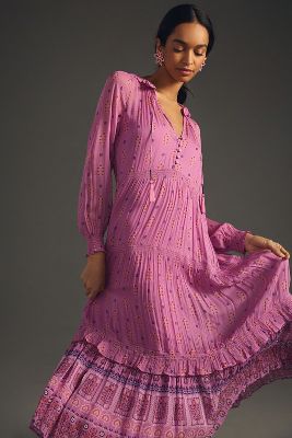 By Anthropologie The Marais Printed Chiffon Maxi Dress In Purple