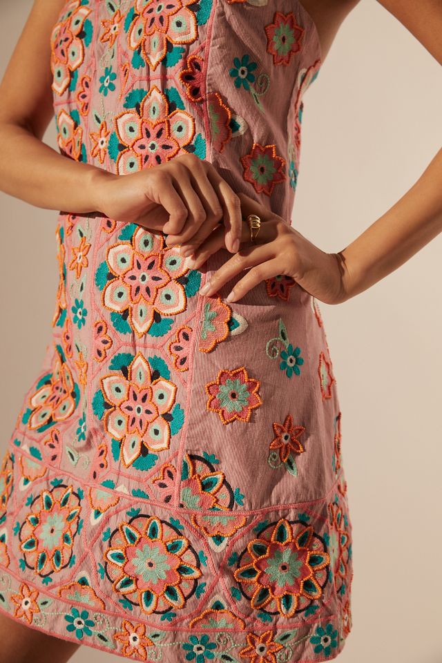 by anthropologie embroidered mini shift dress Celandine Embroidered Wave Cotton Linen Blend Mini Shift Dress