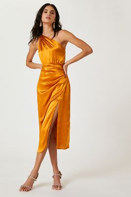 one shoulder midi satin dress