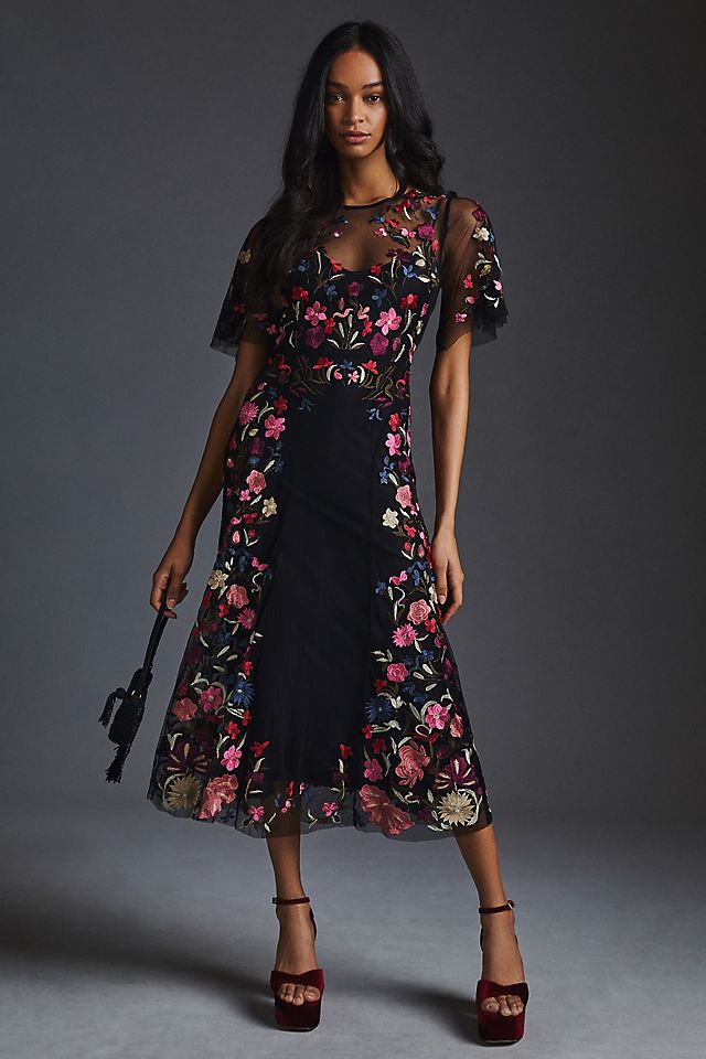 black floral embroidered dress Noir Sequin Great for any cup size 3D Floral Applique Dress -