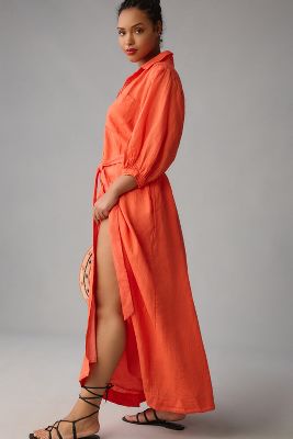 Maeve Linen Shirt Dress In Orange