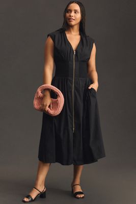 The Tommie Cap-Sleeve Smocked Front-Zip Midi Shirt Dress