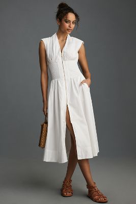 Linen Midi V Neck Tank Dress W/ Pockets