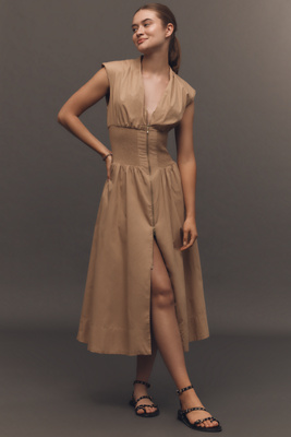 By Anthropologie, Maeve The Tommie Cap-sleeve Smocked Front-zip Shirt Dress In Beige