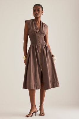 The Tommie Cap-Sleeve Smocked Front-Zip Midi Shirt Dress
