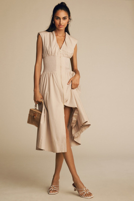 Maeve Smocked-waist Zip-up Shirt Dress In Beige