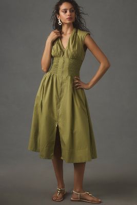 Mare Linen Strapless Cut Out Midi Dress, Tree Green, Dresses
