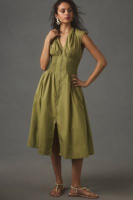 Mare Linen Strapless Cut Out Midi Dress, Tree Green, Dresses