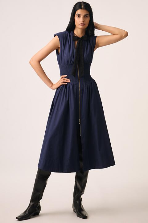 The Tommie Cap-Sleeve Smocked Front-Zip Shirt Dress