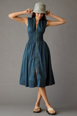 Maeve Smocked-waist Zip-up Shirt Dress In Blue