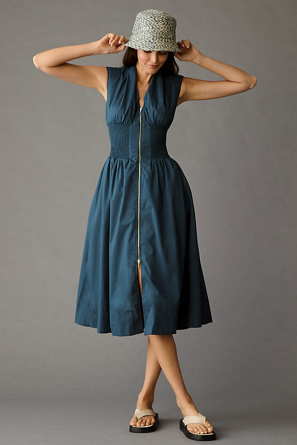Maeve Smocked-waist Zip-up Shirt Dress In Blue