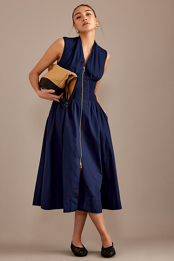 The Tommie Cap-Sleeve Smocked Front-Zip Midi Shirt Dress