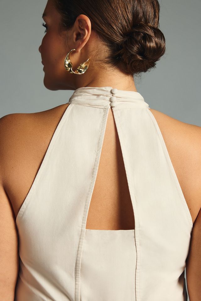 halter white satin dress White Halter Mini Dress With Bow  Luxxe Apparel