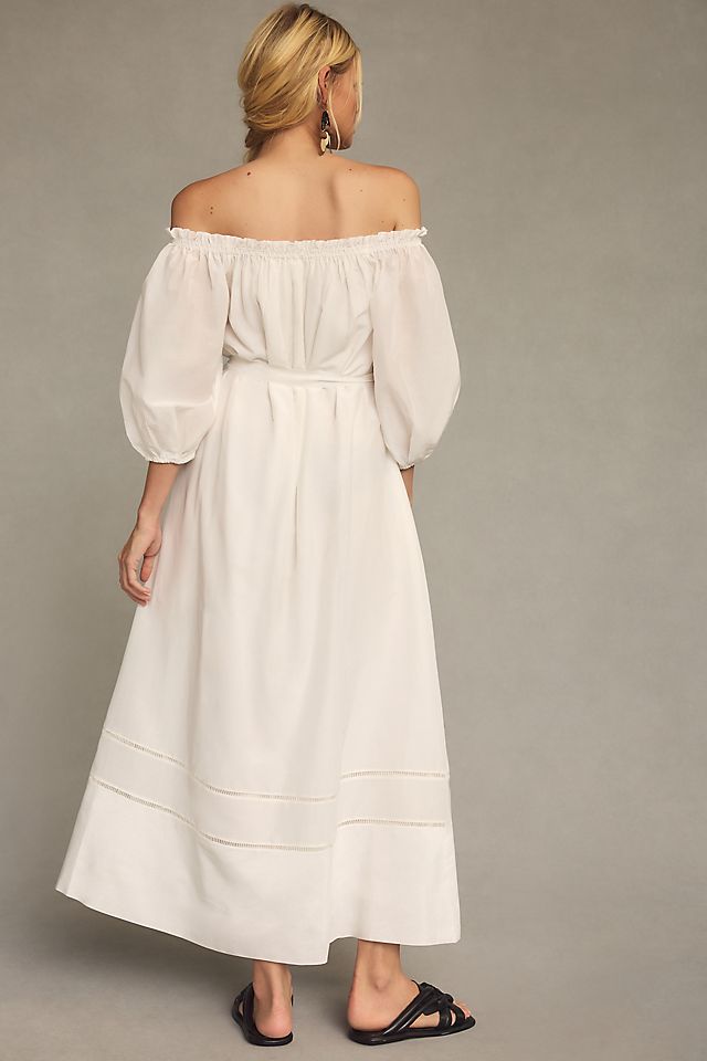 long white peasant dress SEAOPEN Renaissance Women Medieval Sleeveless Cottagecore Shirred Sundress Victorian Pirate Costume Fairy Dress White,S this dress gives additional charm to the outfit with its ruffled hem By Anthropologie Off-The-Shoulder Peasant Dress