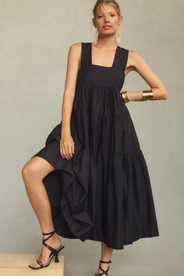 By Anthropologie Square-neck Tiered Babydoll Dress In Black