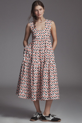 By Anthropologie The Helena Square-neck Tiered Midi Dress: Smocked Edition