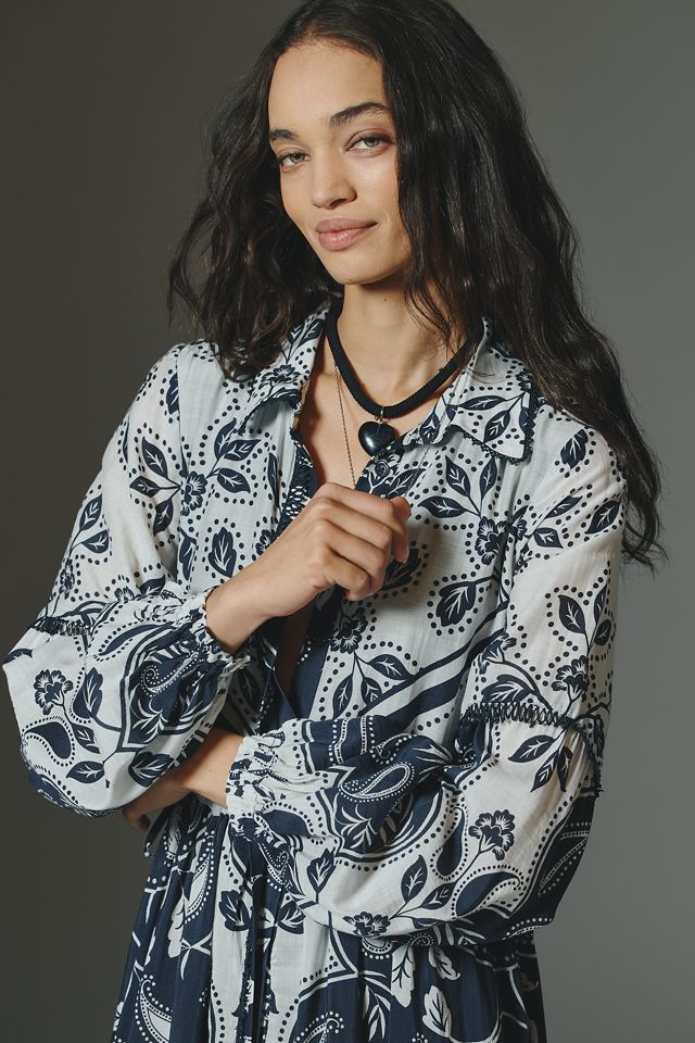 The Eleanora Printed Buttondown Midi Shirt Dress by Anthropologie in Blue, Size: S Petite