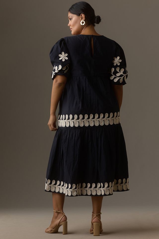 By Anthropologie Embroidered Puff-Sleeve Midi Dress #6