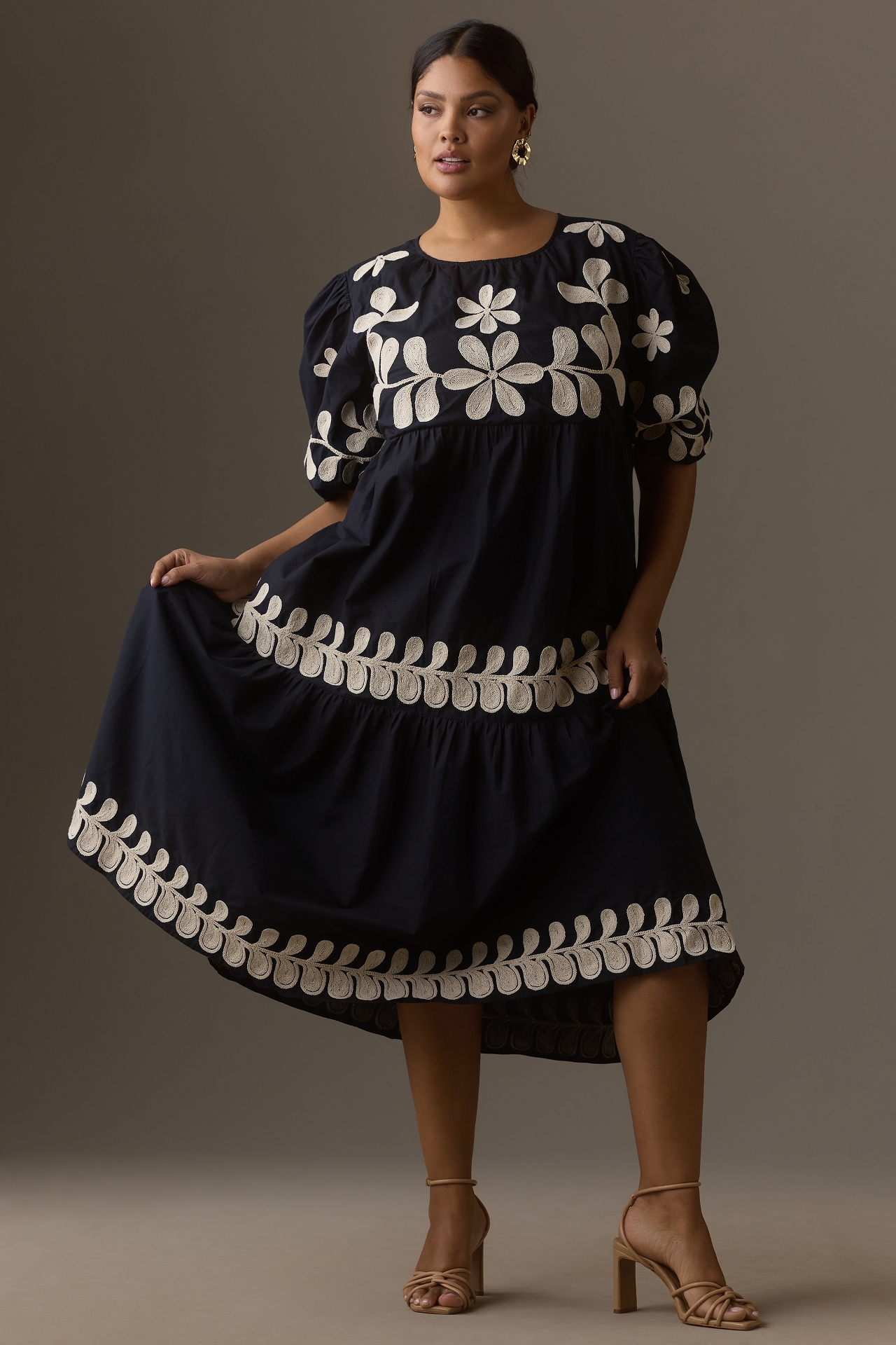 By Anthropologie Embroidered Puff-Sleeve Midi Dress