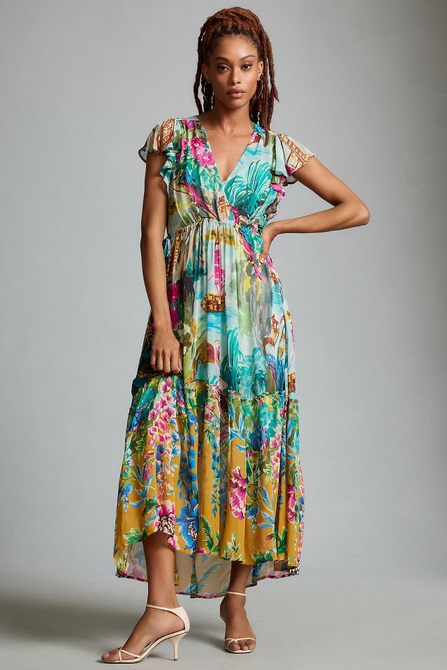 Floral Print Bohemian Style V-Neck Flutter Sleeve Dress