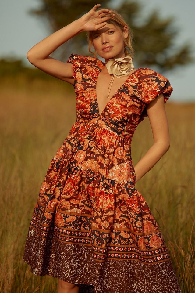 By Anthropologie Printed V-Neck Babydoll Dress