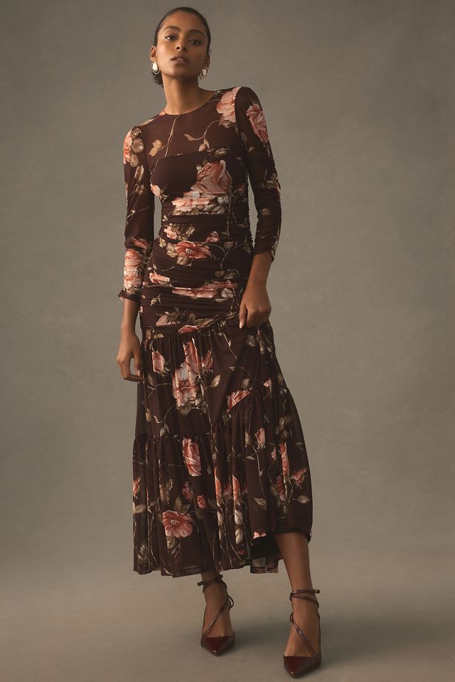 Erin Fetherston per Anthropologie maxi abito a maniche lunghe in mesh arricciato #3