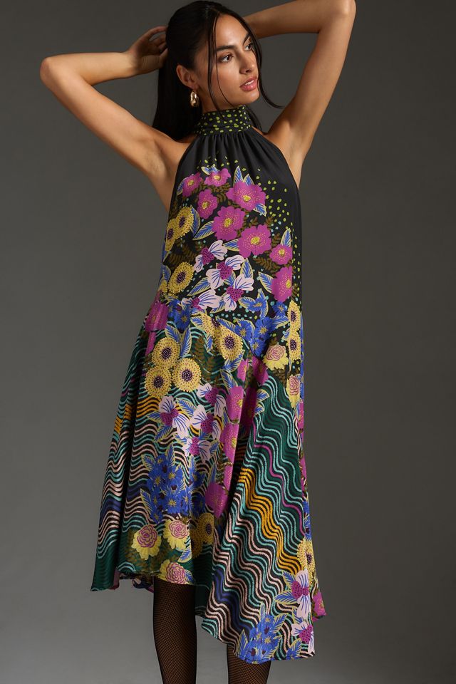 By Anthropologie Halter Asymmetrical Silk Midi Dress #2