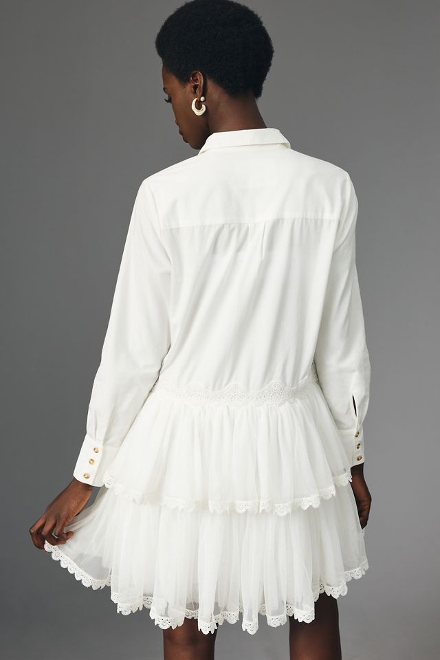 Maeve Long-Sleeve Button-Front Tulle Mini Dress | Anthropologie