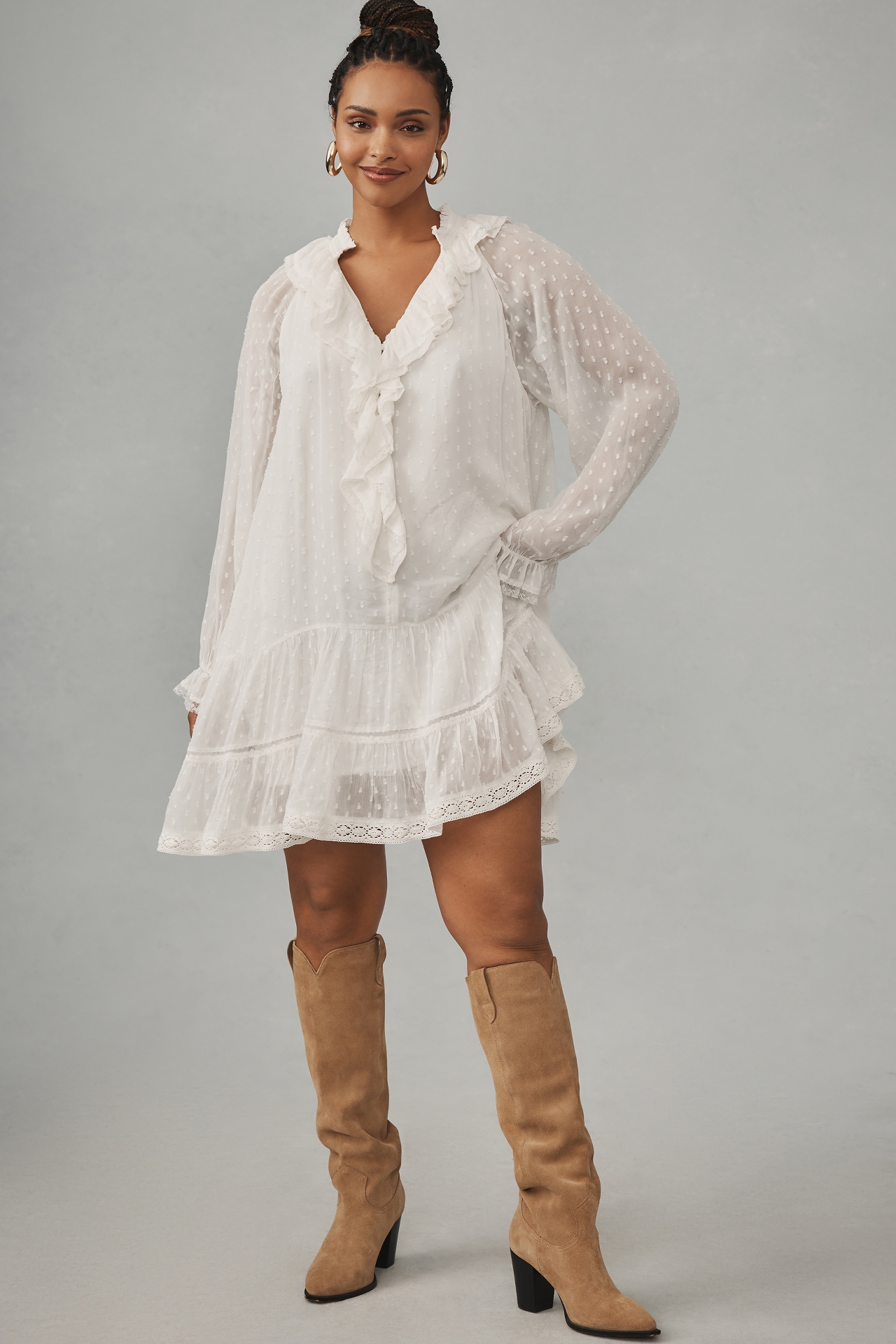 By Anthropologie Long-Sleeve V-Neck Ruffled Tunic Dress