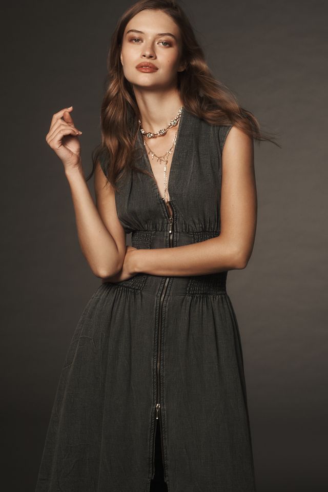 Tommie Cap-Sleeve Smocked Front-Zip Shirt Dress: Denim Edition