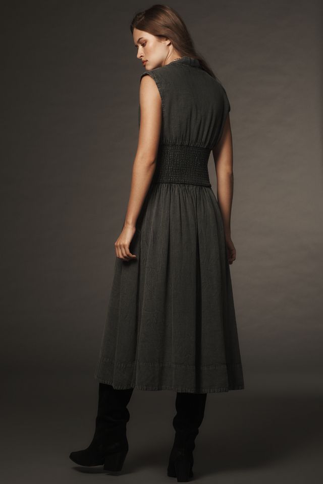 Smocked Collared Neck Cap Sleeve Denim Dress main image 0