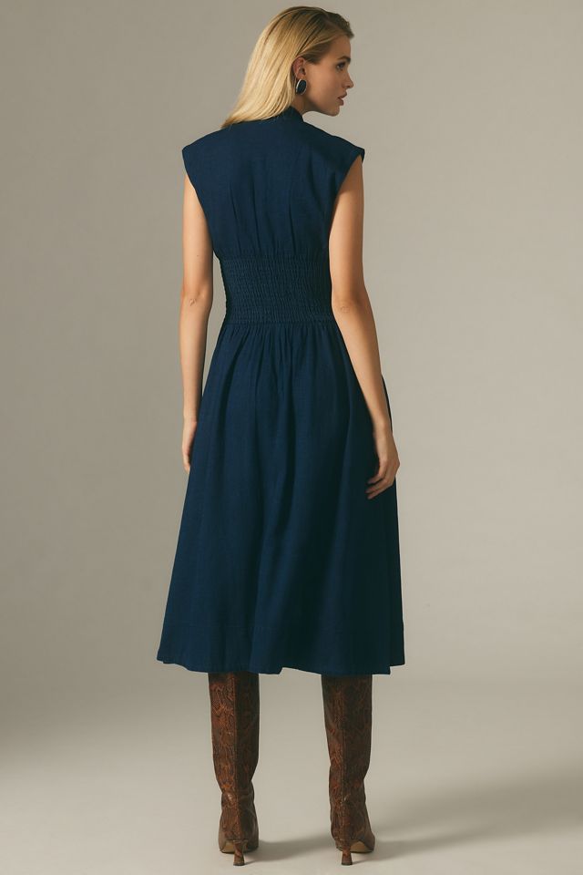 The Tommie Cap-Sleeve Smocked Front-Zip Shirt Dress: Denim Edition #1