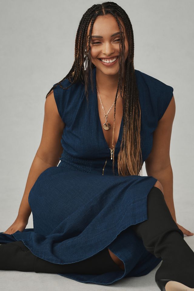 The Tommie Cap-Sleeve Smocked Front-Zip Shirt Dress: Denim Edition #6