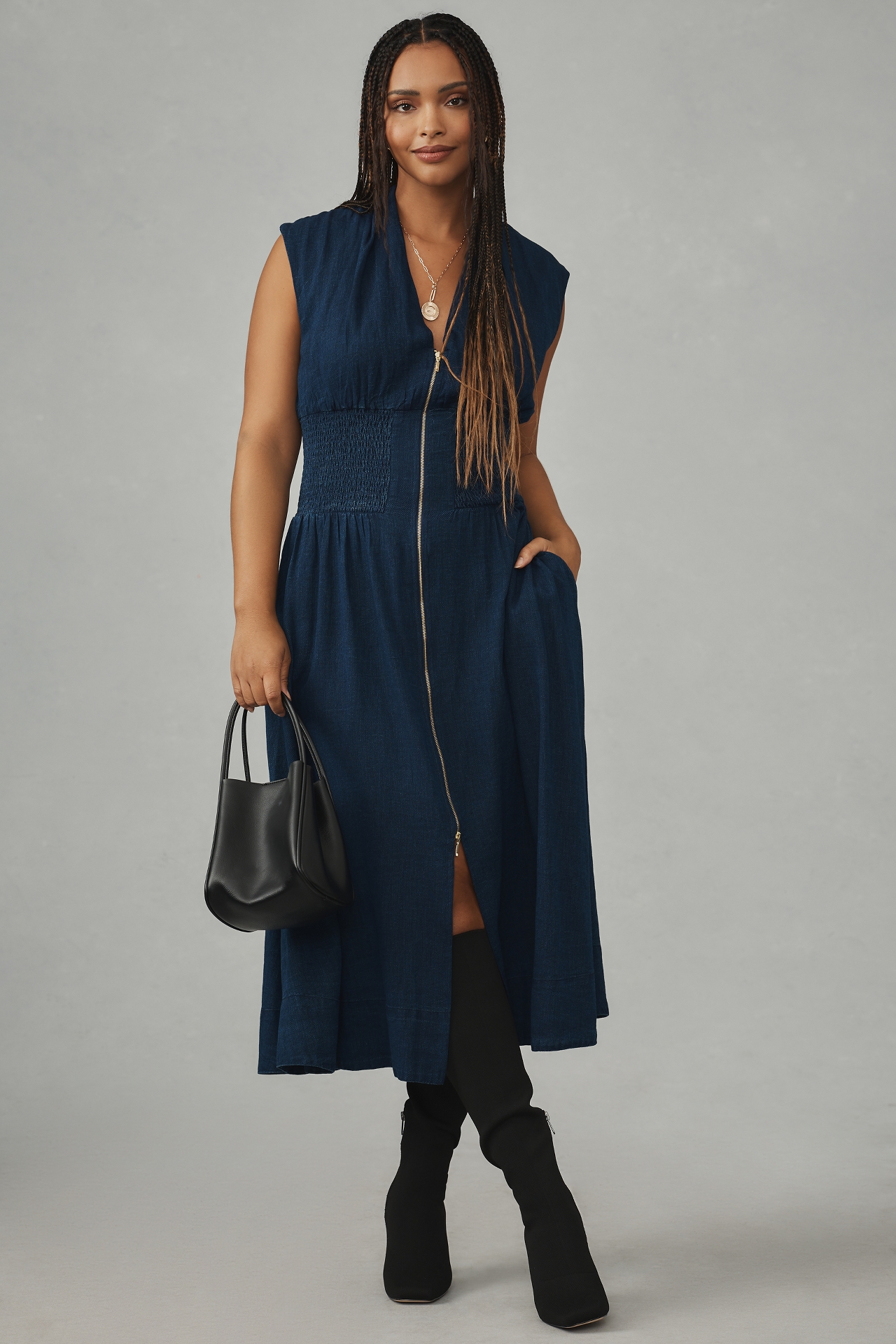 The Tommie Cap-Sleeve Smocked Front-Zip Shirt Dress