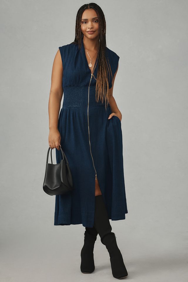 The Tommie Cap-Sleeve Smocked Front-Zip Shirt Dress: Denim Edition #4