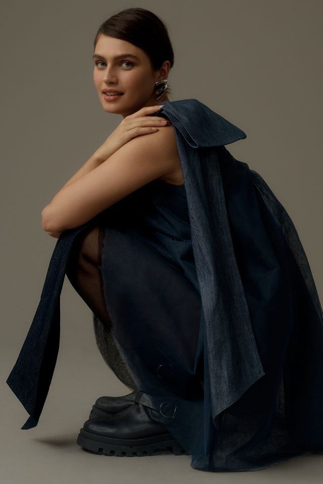 Pilcro One-Shoulder Bow Tulle Denim Mini Dress | Anthropologie