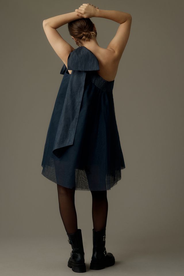Pilcro One-Shoulder Bow Tulle Denim Mini Dress | Anthropologie