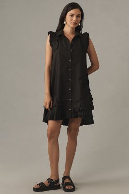 By Anthropologie Short-sleeve Pleated Mini Shirt Dress In Black