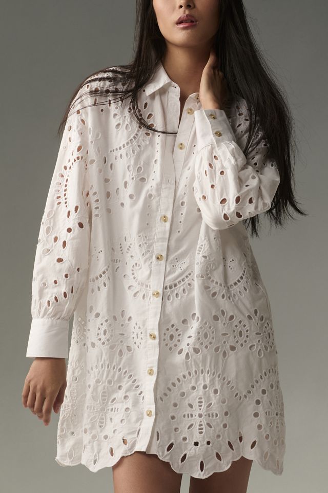 By Anthropologie Long-Sleeve Eyelet Mini Shirt Dress #3