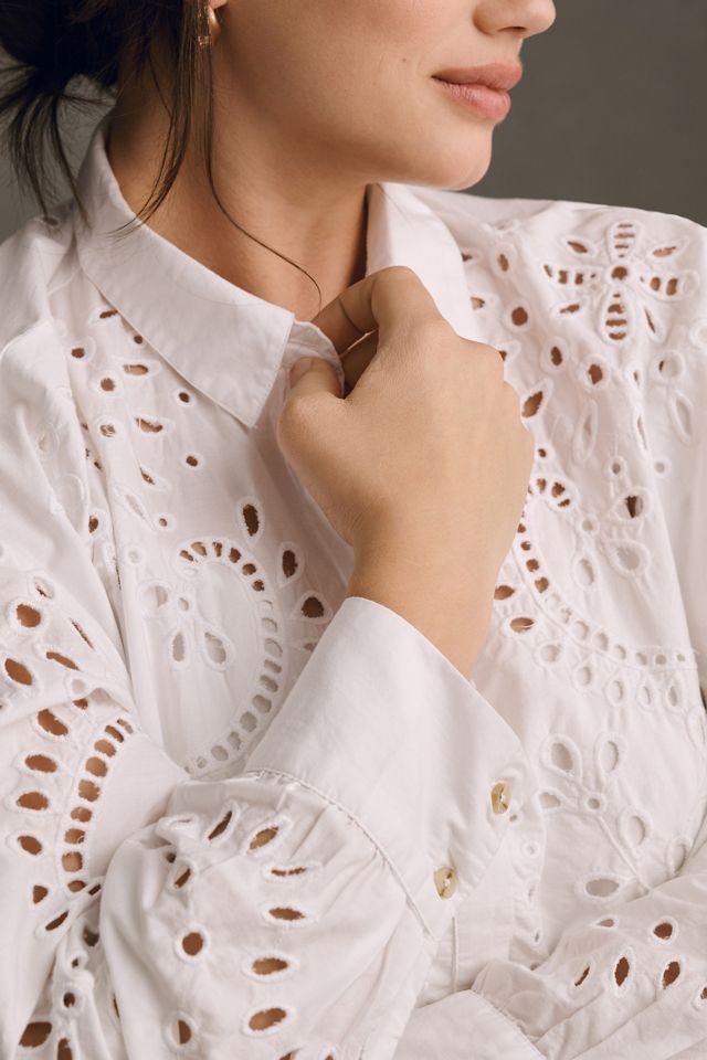 By Anthropologie Long-Sleeve Eyelet Mini Shirt Dress #6