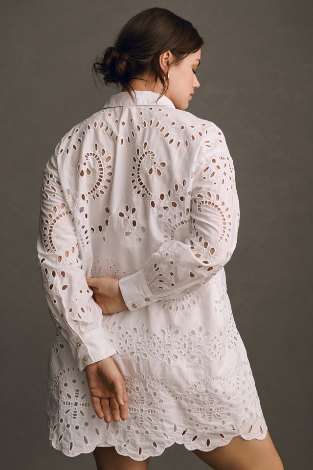 【mmm】Ameri EYELET LACE SHIRT DRESS By Anthropologie Long-Sleeve Eyelet Mini Shirt Dress