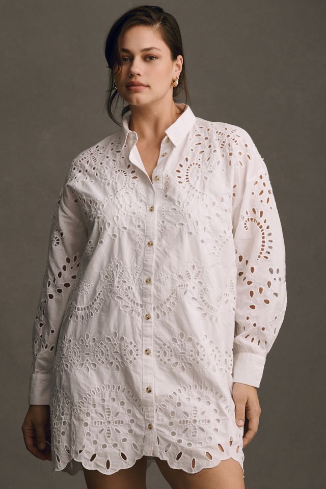 By Anthropologie Long-Sleeve Eyelet Mini Shirt Dress #4
